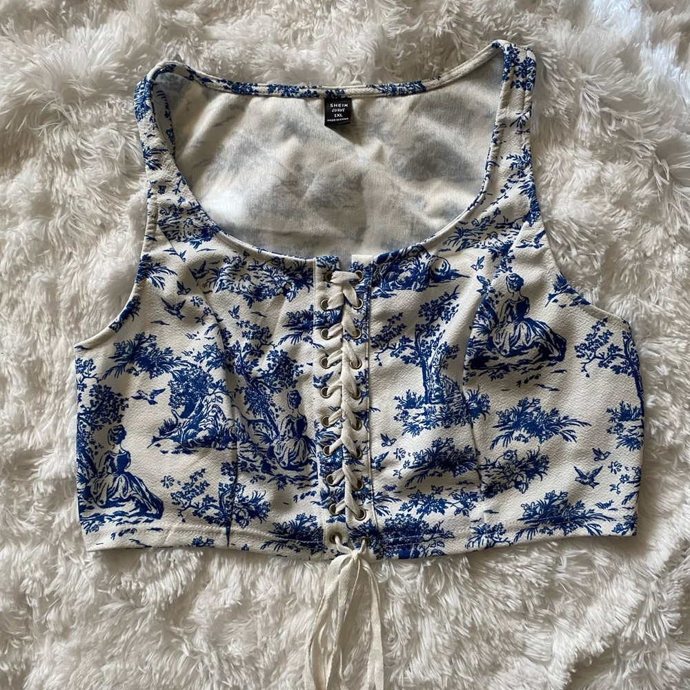 Shein Curve White and Blue Crop Top Sz 1XL